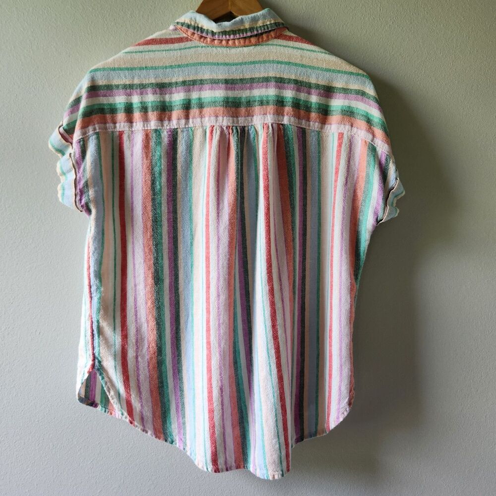 Time And Tru Button Up Shirt Womens XL 16 18 Linen Blend Striped Short Sleeve - Picture 2 of 10